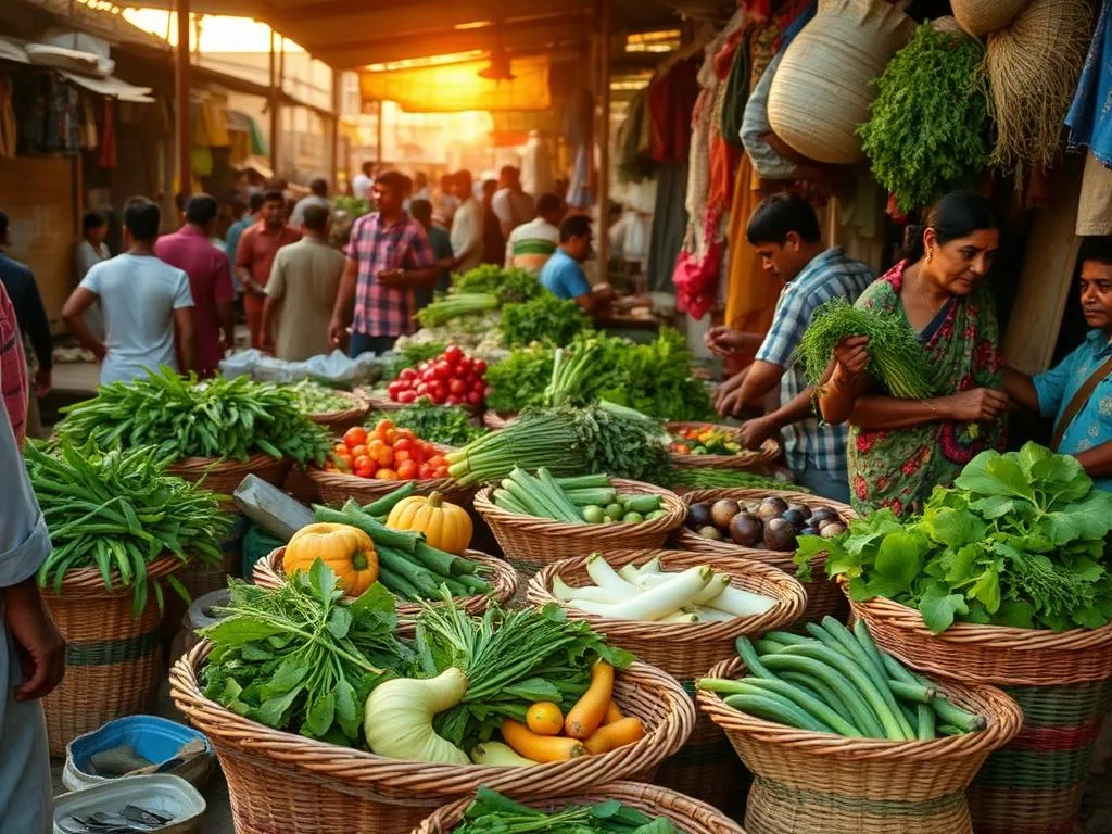 Indian vegetable market with vendors and fresh produce