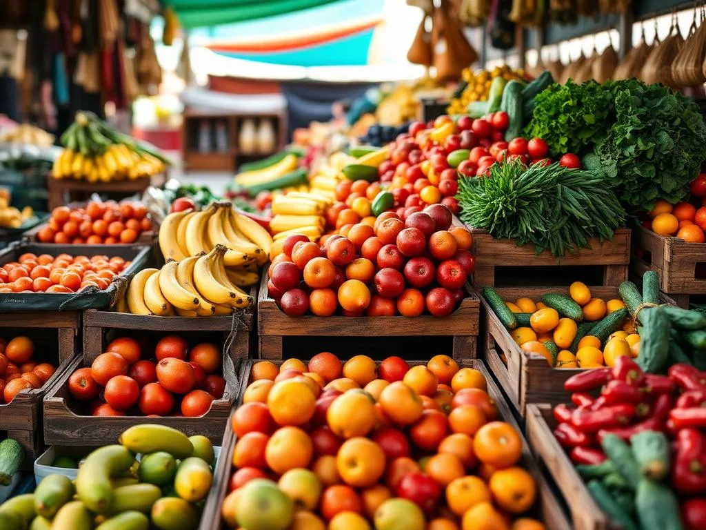 Wholesale produce market stall with fresh fruits and vegetables