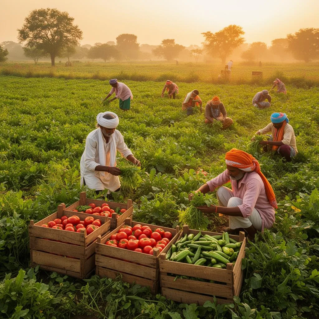 Farm workers harvesting vegetables in a field
